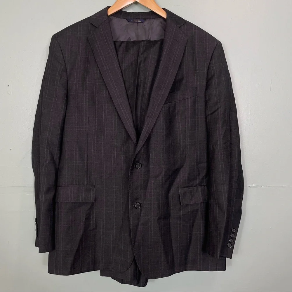 Brooks Brothers 1818 Regent Gray Charcoal Plaid Drago Wool Size 46/40 Suit Set‎